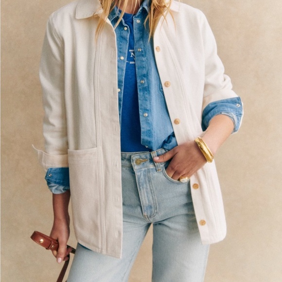 Sezane Jackets & Blazers - New with Tags NWT Sezane Will Jacket Pockets XS Denim Cardigan $145 Ecru